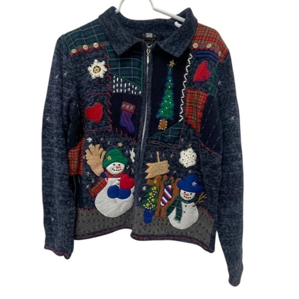 Segue Blue Christmas Full Zip Cardigan Sweater‎ Womens Size M Snowman Patchwork